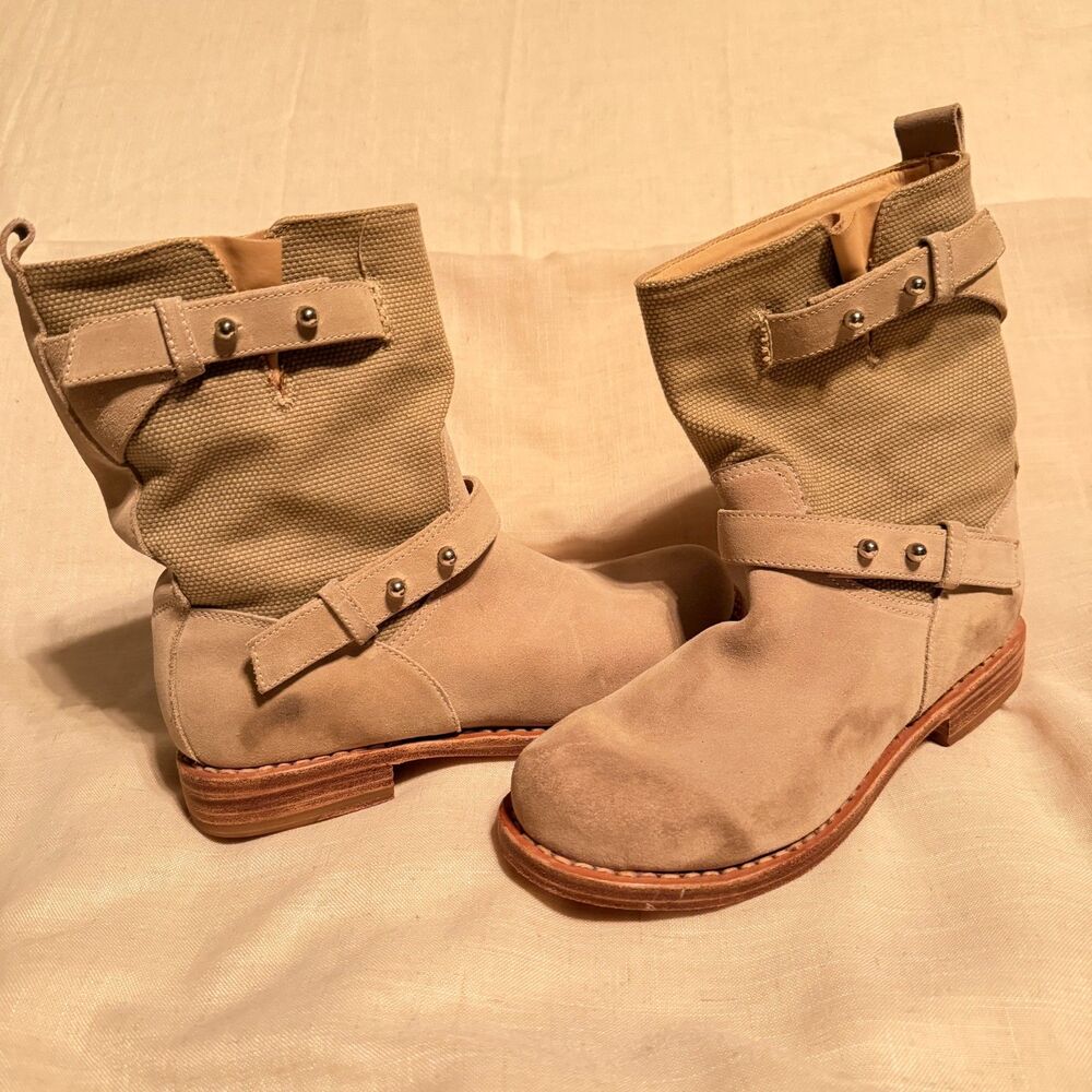 sand Rag & Bone distressed Canvas Suede Moto Engineer boots 7.5